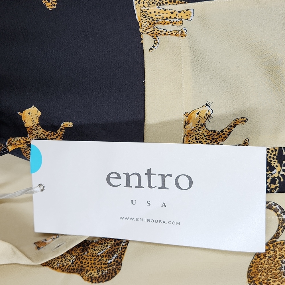 NWT Entro Satin cheetah collared button up top colorblock Womens Size Small - Picture 7 of 7